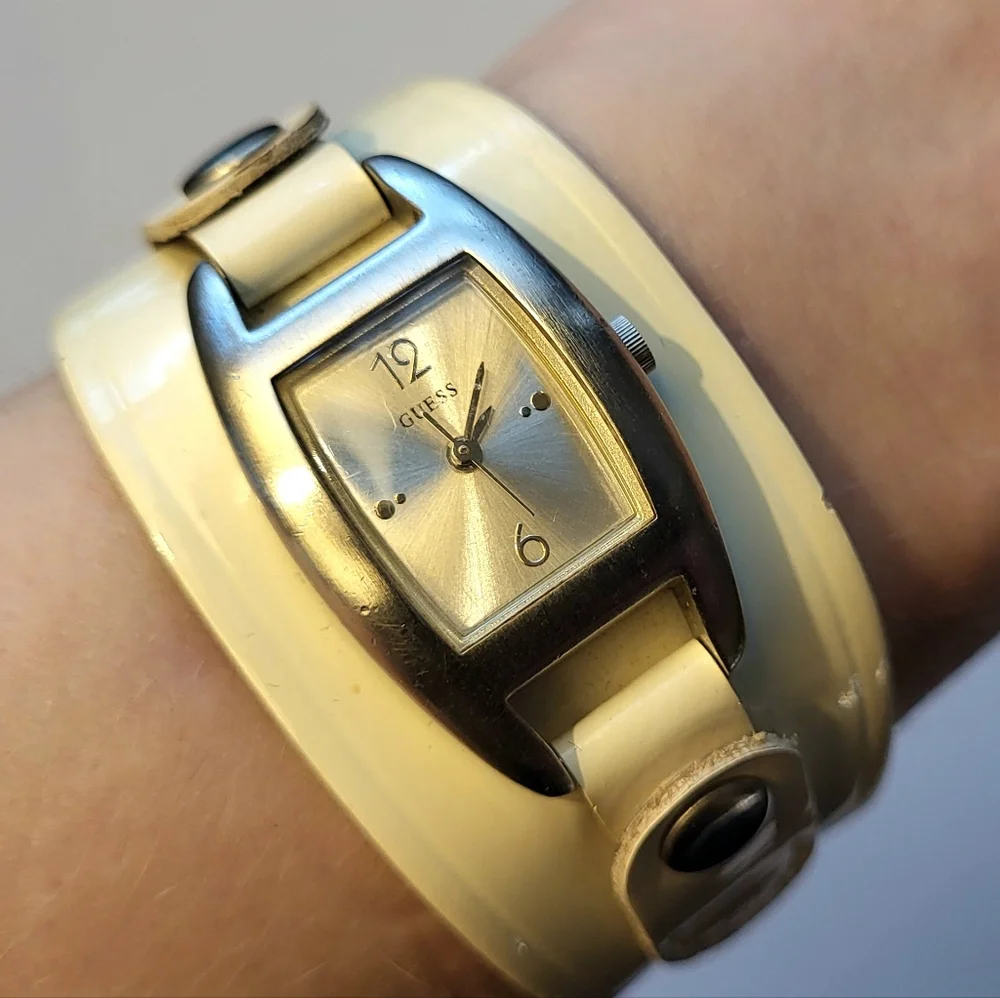 GUESS Women's Watch with Cream Leather Band And Silver Metal Accents